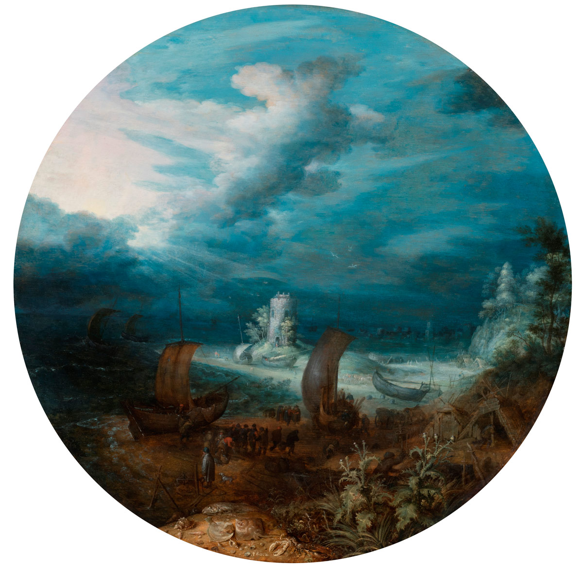 Roelant Savery e Hans Savery II, Paesaggio costiero con pescatori davanti a una torre saracena (1613-1614; olio su tavola circolare, diametro 49,5 cm)
