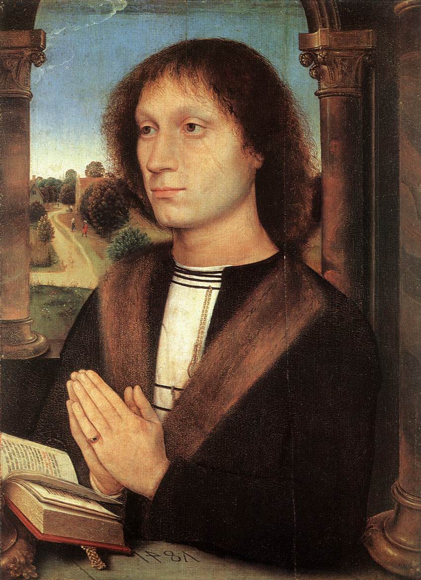 Hans Memling, Ritratto di Benedetto Portinari, pannello destro del Trittico Portinari, recto (1487; olio su tavola, 45 x 34 cm il terzo pannello, 45,5 x 100 cm il trittico; Firenze, Uffizi) 
 Hans Memling, Ritratto di Benedetto Portinari, pannello destro del Trittico Portinari, recto (1487; olio su tavola, 45 x 34 cm il terzo pannello, 45,5 x 100 cm il trittico; Firenze, Uffizi)