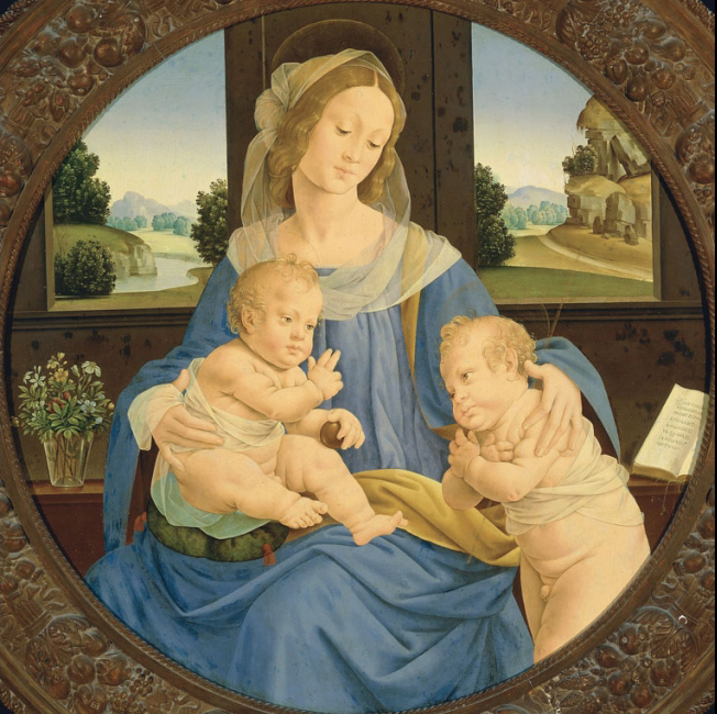 Lorenzo di Credi, Madonna col Bambino e san Giovannino (tempera su tavola, diametro 88 cm; Roma, Galleria Borghese)
 Lorenzo di Credi, Madonna col Bambino e san Giovannino (tempera su tavola, diametro 88 cm; Roma, Galleria Borghese)