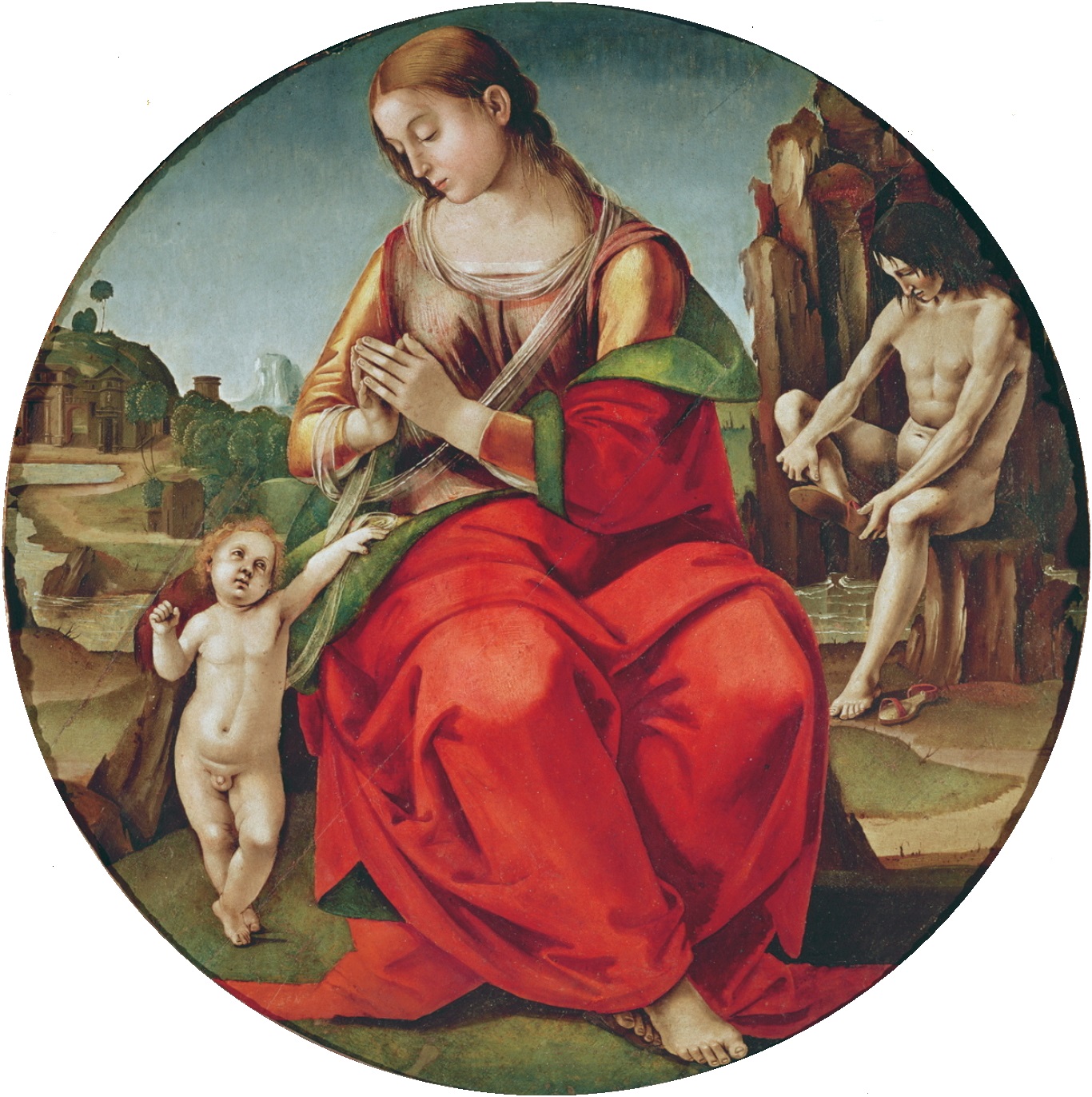 Luca Signorelli, Madonna con Bambino con nudo maschile (1494-1496?; olio su tavola, diametro 87 cm; Monaco di Baviera, Alte Pinakothek)
