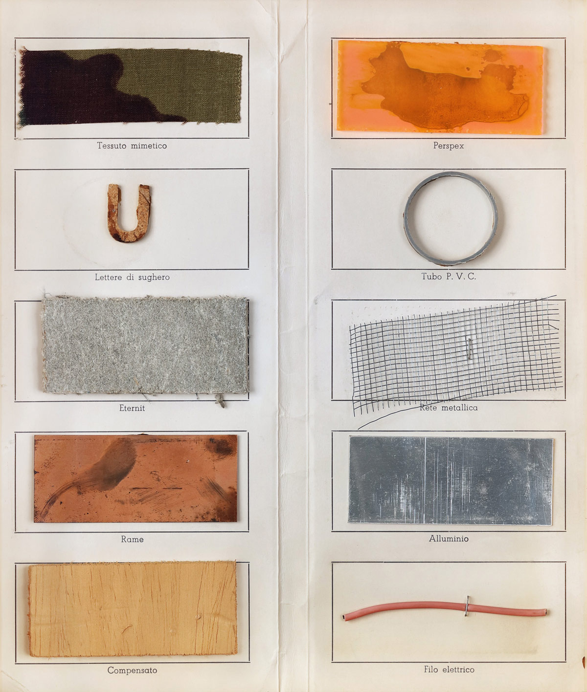 Alighiero Boetti, Senza titolo (invito Stein) (1966-1967; carta, tessuto camouflage, plexiglass, sughero, tubo P.V.C., eternit, rete metallica, rame, alluminio, compensato, filo elettrico). Courtesy Olnick Spanu Collection Alighiero Boetti, Senza titolo (invito Stein) (1966-1967; carta, tessuto camouflage, plexiglass, sughero, tubo P.V.C., eternit, rete metallica, rame, alluminio, compensato, filo elettrico). Courtesy Olnick Spanu Collection