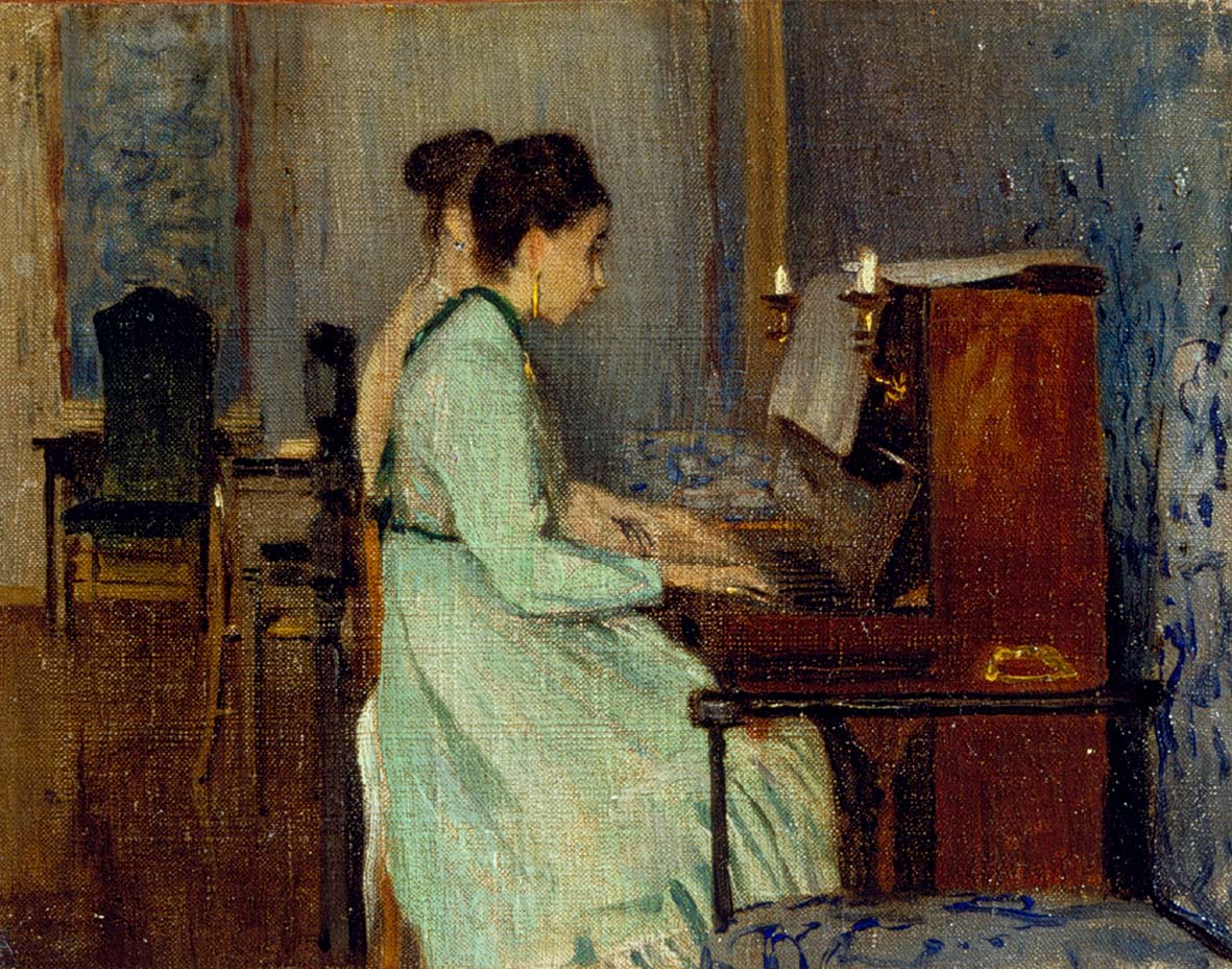Telemaco Signorini, Lezione di pianoforte (1868 circa; olio su tela, 18 x 22 cm; Collezione privata)
