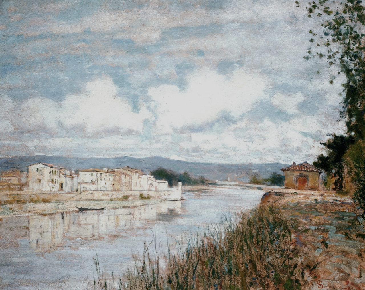 Telemaco Signorini, Limite sull'Arno (1890 circa; olio su cartone, 40 x 50 cm; Collezione privata)
