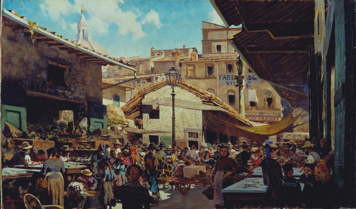 Telemaco Signorini, Mercato Vecchio (1882-1883; olio su tela, 39 x 66 cm; Collezione privata)
