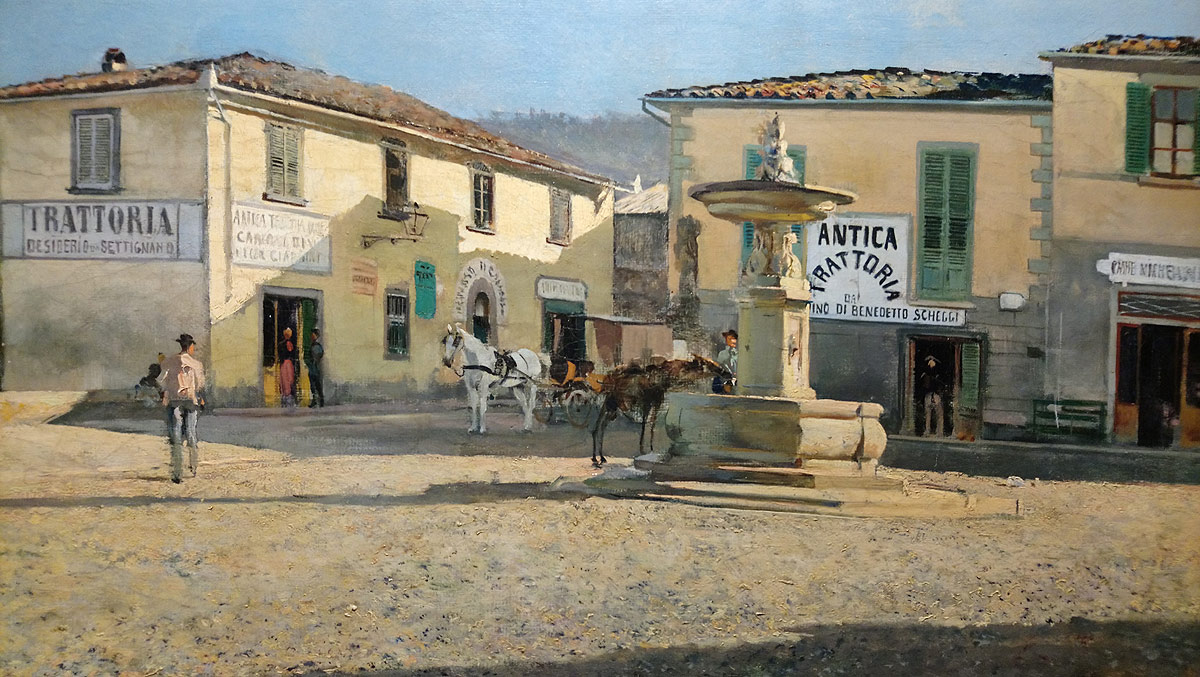 Telemaco Signorini, Piazza a Settignano, dettaglio (1881 circa; olio su tela, 32,8 x 53 cm; Collezione privata)

