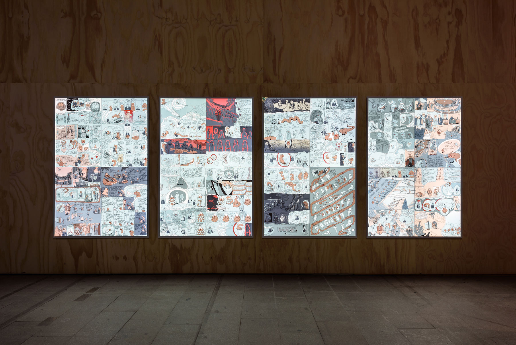 Ian Cheng, Life After BOB: First Tract (2019; disegni vettoriali stampati su duratrans, lightbox). Ph. Credit Andrea Avezzù
