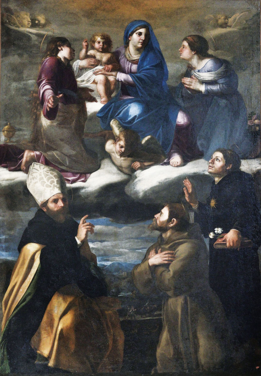 Bartolomeo Manfredi, Madonna con il Bambino tra santa Maria Maddalena, santa Dorotea (?), sant’Agostino, san Francesco d’Assisi e san Nicola da Tolentino (1615-1616 circa; olio su tela, 274 x 168 cm; Morrovalle, chiesa di San Bartolomeo apostolo)
