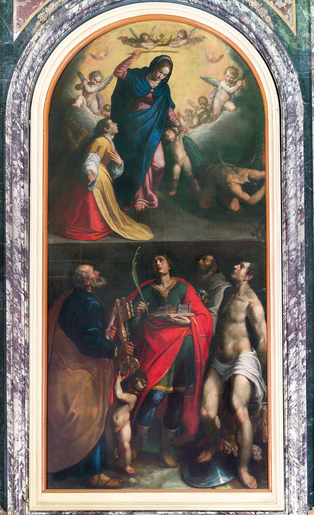 Filippo Bellini e Palazzino Fedeli, Madonna del Soccorso con i santi Pietro, Vito, Francesco e Sebastiano (1604; olio su tela, 350 x 160 cm; Monte San Vito, collegiata di San Pietro apostolo, in deposito presso la Pinacoteca diocesana di Senigallia)