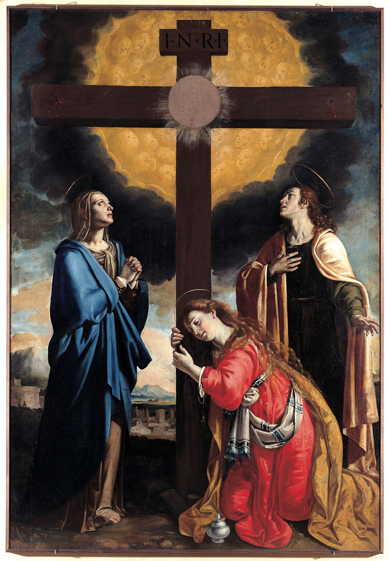 Giovanni Francesco Guerrieri, La croce con la Vergine Maria, san Giovanni Evangelista e santa Maria Maddalena (1615-1620 circa; olio su tela, 270 x 190 cm; Pesaro, Palazzo Montani Antaldi, Collezioni d’arte della Fondazione della Cassa di Risparmio di Pesaro)
