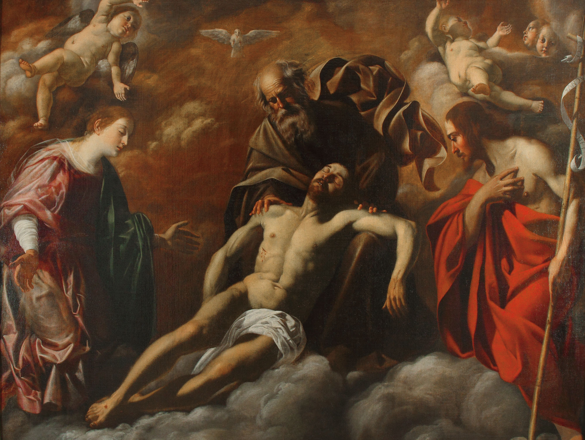 Pittore di formazione emiliano-marchigiana, I santi Maria Maddalena e Giovanni Battista adorano la santissima Trinità con il Cristo morto (olio su tela, 210 x 175 cm; Loreto, Museo Pontificio della Santa Casa)
