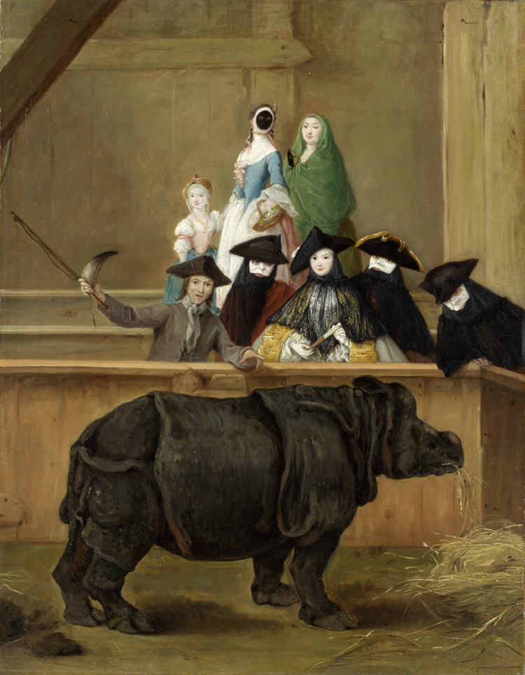 Pietro Longhi, Il rinoceronte (1751; olio su tela, 62 x 50 cm; Venezia, Ca' Rezzonico, Museo del Settecento Veneziano)
