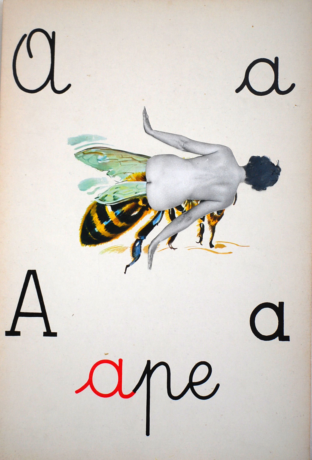 Tomaso Binga [Back to the Future 2011], Lettera A, from “Alfabetiere” (‘Alphabet Cards’) (1976-1977; collage su carta, 17 pezzi di 40 x 27 cm ciascuno). Courtesy the artist and Wunderkammern, Roma 