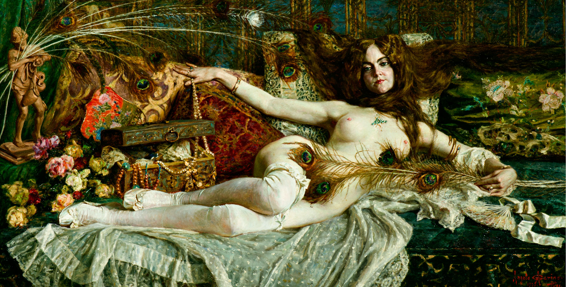 Angelo Garino, Interno con nudo (1920; olio su tela, 72,5 x 140 cm). Presentato da Arcuti Fine Art, richiesta: 90mila euro
