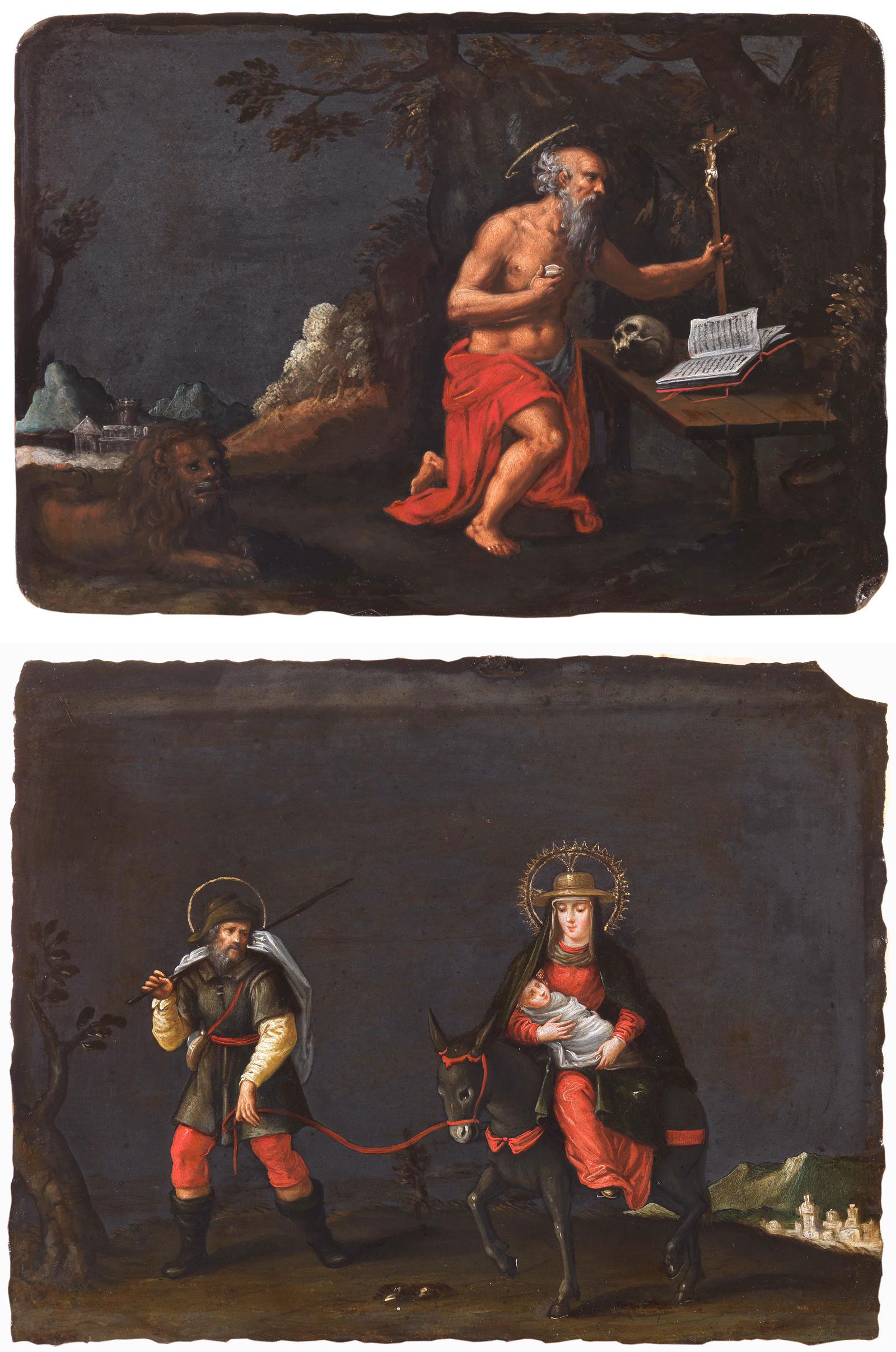 Pasquale Ottino, San Girolamo e Fuga in egitto (1590-1600 circa; olio su ardesia, 20 x 30 cm ciascuno). Presentato da Il Mercante delle Venezie. Richiesta: 20mila euro la coppia
