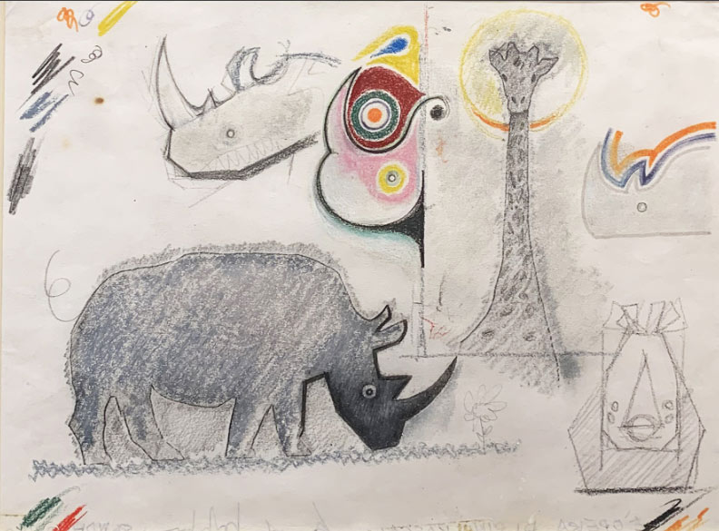 Pino Pascali, Rinoceronte e Giraffa (1964; tecnica mista su carta, 22 x 28 cm). Presentato da Campaiola. Richiesta: 13mila euro
