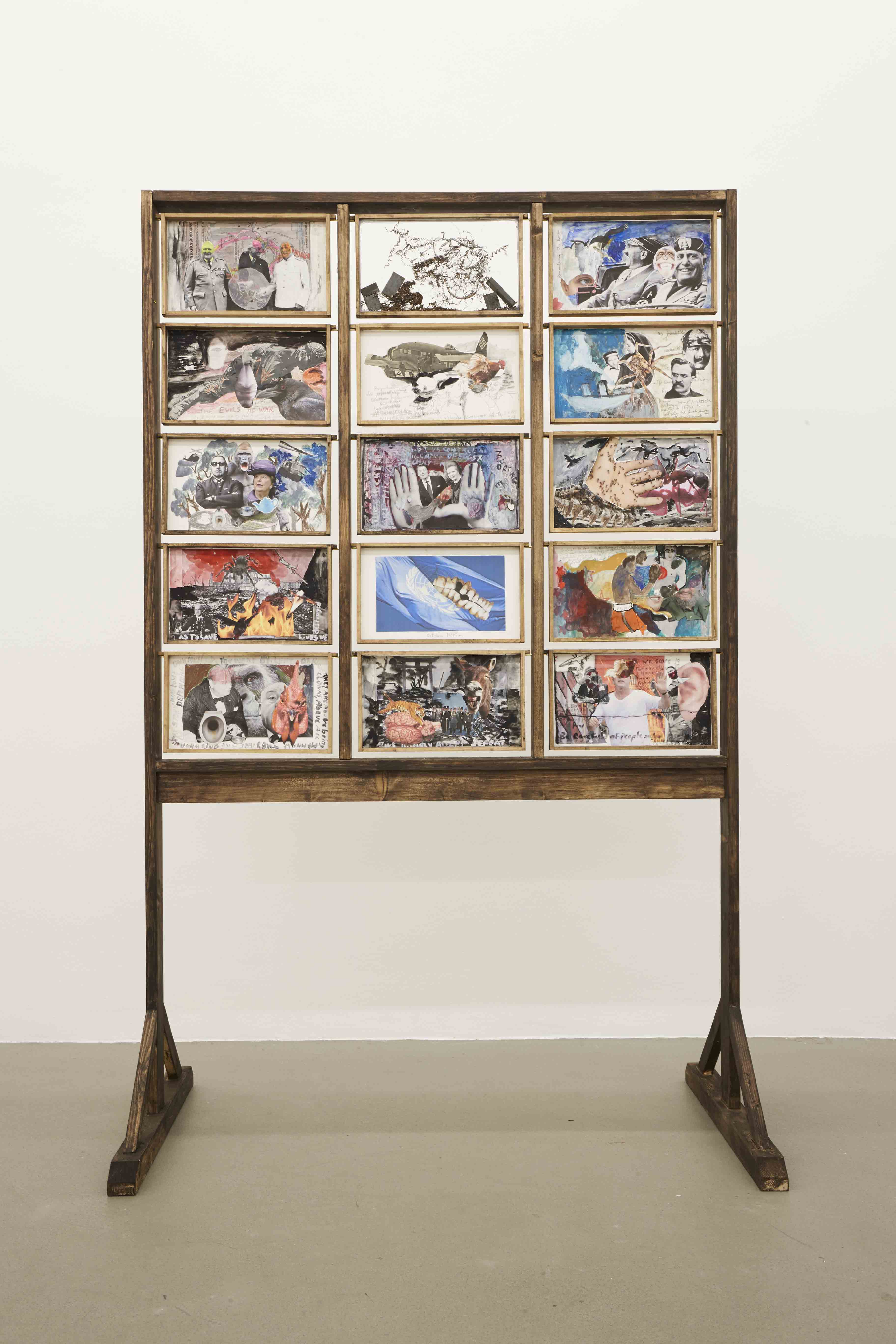 Anna Boghiguian, In the world. East and West, North and South III (2017; dipinti, carta, legno, metallo e vetro, 206 x 66 x 130 cm)
