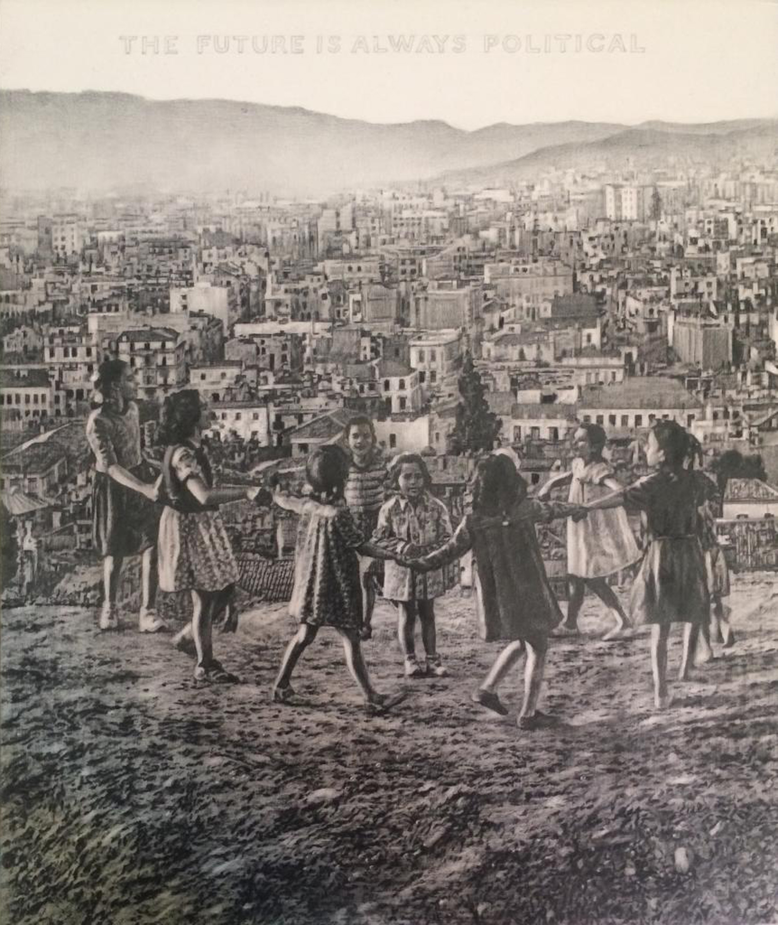 Giuseppe Stampone, Welcome to Bruxelles (2019; penna bic su legno, 29,5 x 35 cm). Presentato da Prometeogallery
