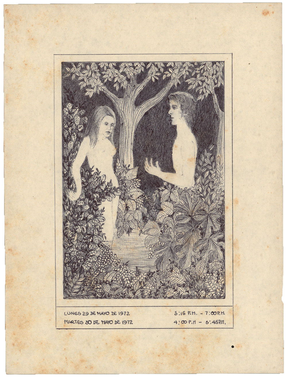 Teresa Burga, Adán y Eva, dalla serie Dibujos #2 (1972; penna su carta, 21,7 x 16,6 cm). Presentato da Galerie Barbara Thumm
