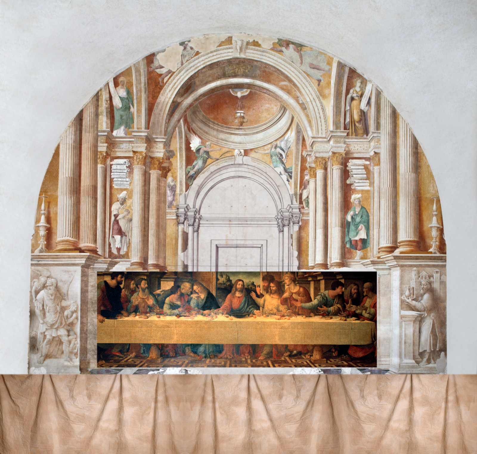 Correggio o Girolamo Bonsignori (attribuito a), Ambientazione architettonica del Cenacolo di Girolamo Bonsignori (1514 circa; affresco e interventi a secco, 1170 x 1135 cm; San Benedetto Po, Refettorio Grande)
 Correggio o Girolamo Bonsignori (attribuito a), Ambientazione architettonica del Cenacolo di Girolamo Bonsignori (1514 circa; affresco e interventi a secco, 1170 x 1135 cm; San Benedetto Po, Refettorio Grande)