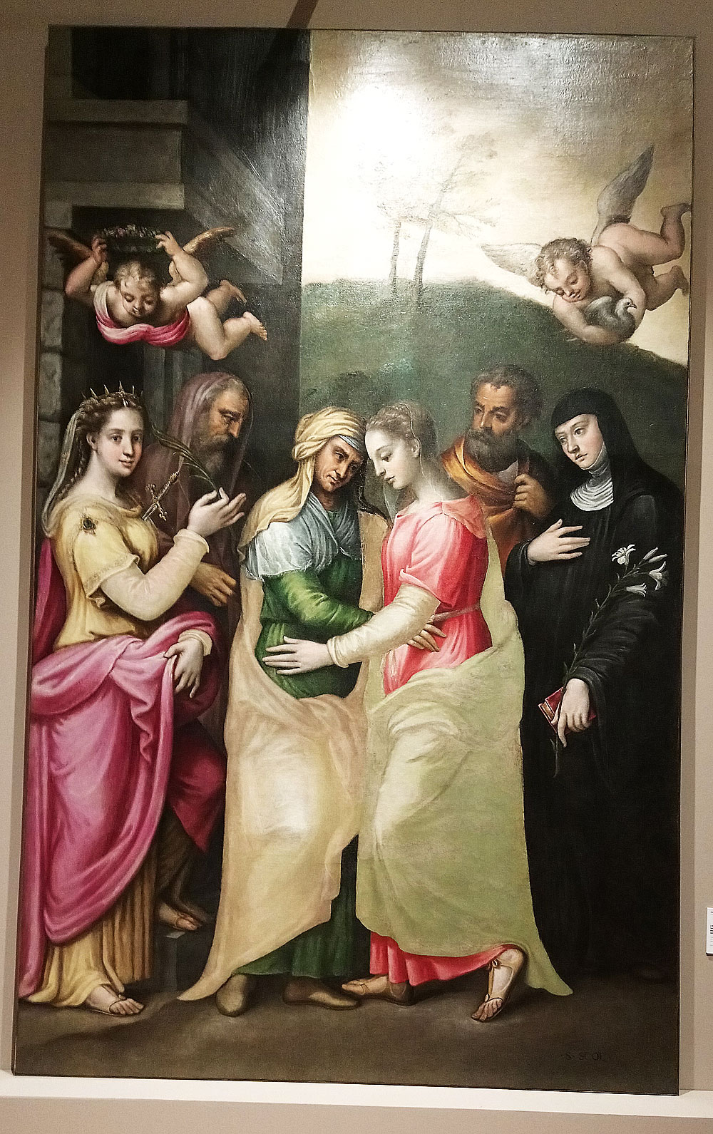 Fermo Ghisoni, L'incontro della Vergine con santa Elisabetta alla presenza dei santi Giustina, Gioacchino, Giuseppe e Scolastica (1542 circa; olio su tela, 288 x 176 cm; San Benedetto Po, Basilica)
 Fermo Ghisoni, L'incontro della Vergine con santa Elisabetta alla presenza dei santi Giustina, Gioacchino, Giuseppe e Scolastica (1542 circa; olio su tela, 288 x 176 cm; San Benedetto Po, Basilica)