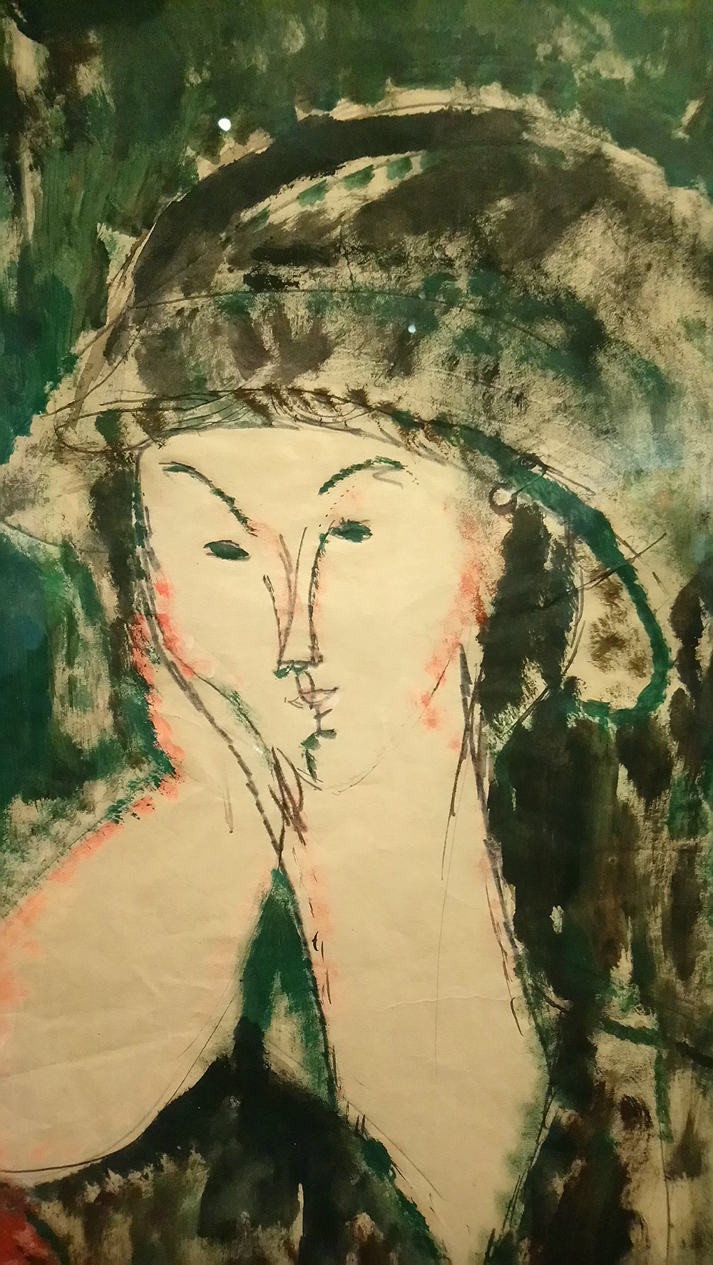 Amedeo Modigliani, Beatrice Hastings. Le menton appuyé sur la main droite (1915; olio su carta, 42 x 25 cm; Collezione Jonas Netter) 
 Amedeo Modigliani, Beatrice Hastings. Le menton appuyé sur la main droite (1915; olio su carta, 42 x 25 cm; Collezione Jonas Netter)