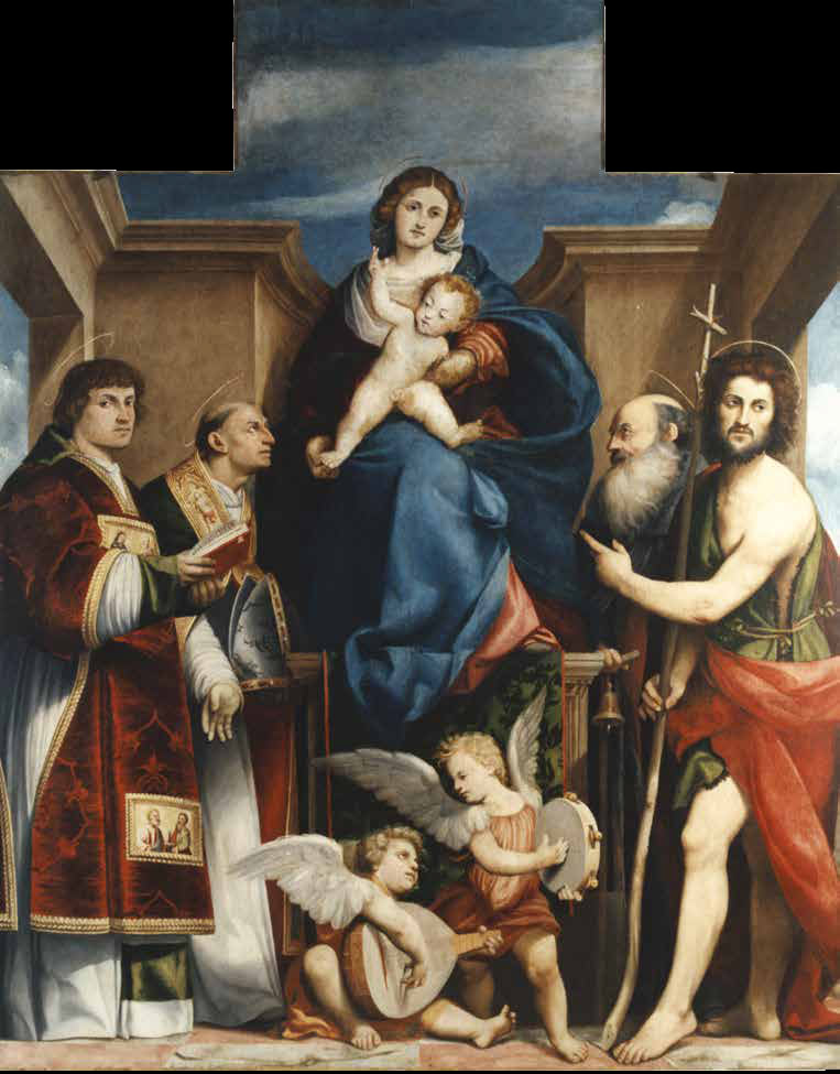 Giovanni Antonio de' Sacchis detto il Pordenone, Madonna con il Bambino in trono tra i santi Ilario di Aquileia, Taziano, Antonio abate e Giovanni Battista (1520-1521; olio su tela, 296 x 243 cm; Torre di Pordenone, chiesa parrocchiale dei Santi Ilario e Taziano)
