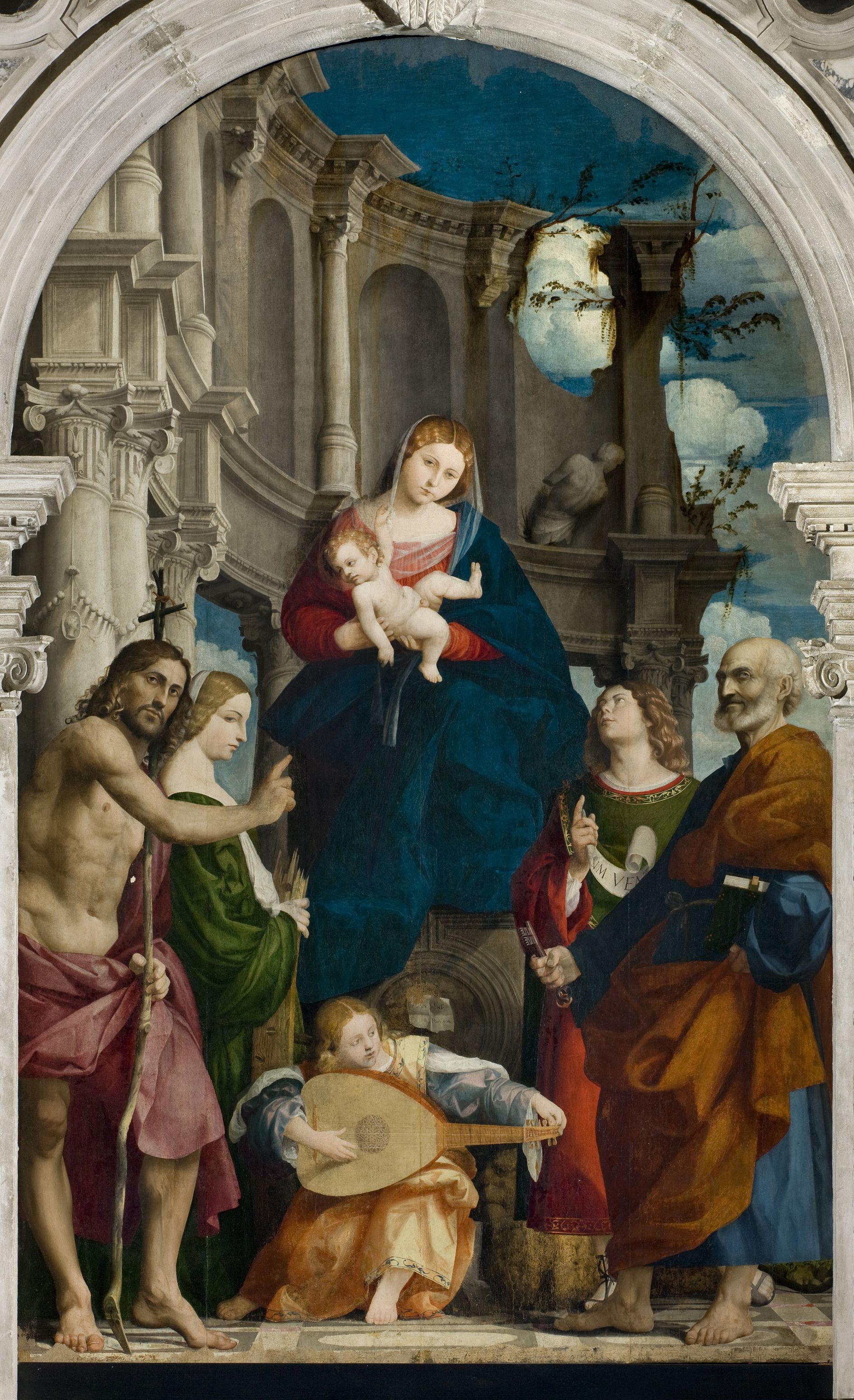 Giovanni Antonio de' Sacchis detto il Pordenone, Madonna con il Bambino in trono tra i santi Giovanni Battista, Caterina, Daniele e Pietro (1515-1516; olio su tavola, 284,5 x 178 cm; Susegana, chiesa parrocchiale della Visitazione della Beata Vergine Maria)
