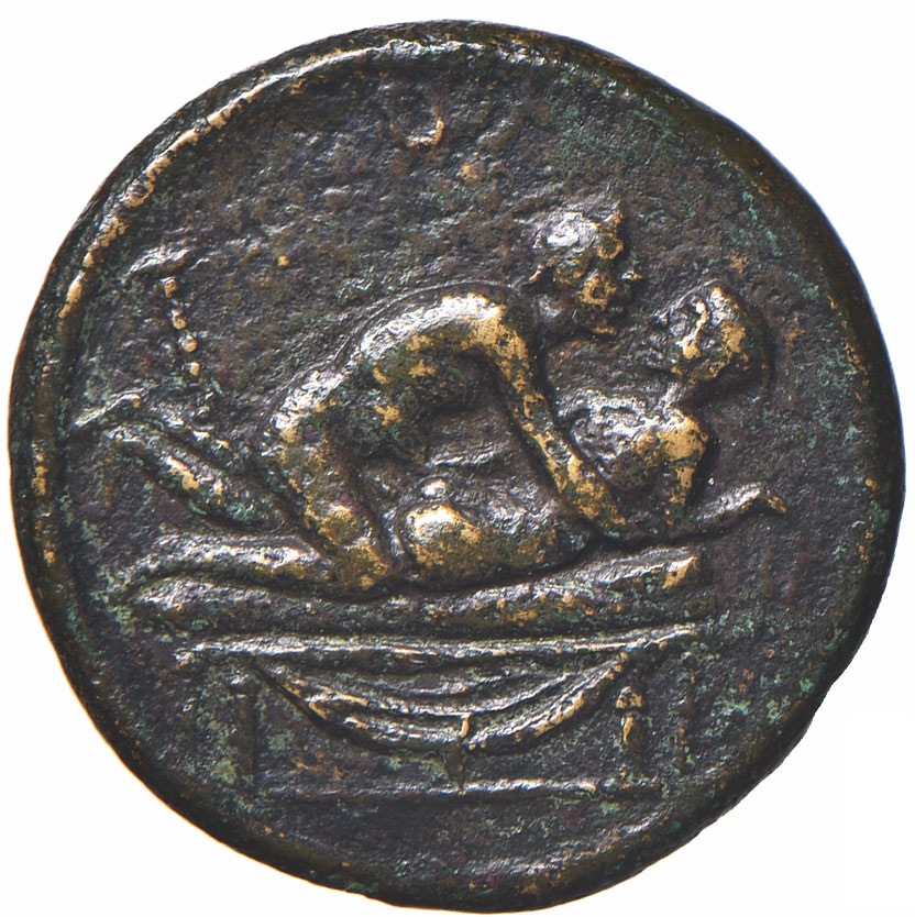 Produzione romana, Spintriae, tessere trionfali con scene erotiche (prima metà del I secolo d.C.; tessere in ottone, diametro 20 mm circa; Milano, Castello Sforzesco, Gabinetto Numismatico e Medagliere)
