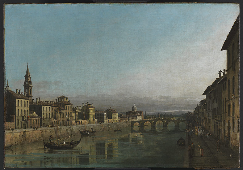 Bernardo Bellotto, L’Arno verso il ponte alla Carraia, Firenze (1743-1744; olio su tela, 73,7 x 105,4 cm; Cambridge, Fitzwilliam Museum, inv. 195)
 Bernardo Bellotto, L’Arno verso il ponte alla Carraia, Firenze (1743-1744; olio su tela, 73,7 x 105,4 cm; Cambridge, Fitzwilliam Museum, inv. 195)