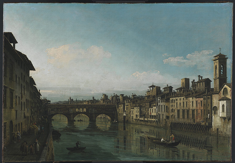 Bernardo Bellotto, L’Arno verso il Ponte Vecchio, Firenze (1743-1744; olio su tela, 73,3 x 105,7 cm; Cambridge, Fitzwilliam Museum, inv. 192)
 Bernardo Bellotto, L’Arno verso il Ponte Vecchio, Firenze (1743-1744; olio su tela, 73,3 x 105,7 cm; Cambridge, Fitzwilliam Museum, inv. 192)