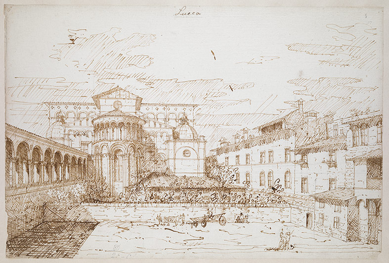 Bernardo Bellotto, La cattedrale di San Martino, dalla parte absidale, con il chiostro, Lucca (1740: penna e inchiostro bruno su traccia di matita, 24,8 x 37 cm; Londra, British Library, Maps Room, K. Top. LXXX-21c)
 Bernardo Bellotto, La cattedrale di San Martino, dalla parte absidale, con il chiostro, Lucca (1740: penna e inchiostro bruno su traccia di matita, 24,8 x 37 cm; Londra, British Library, Maps Room, K. Top. LXXX-21c)