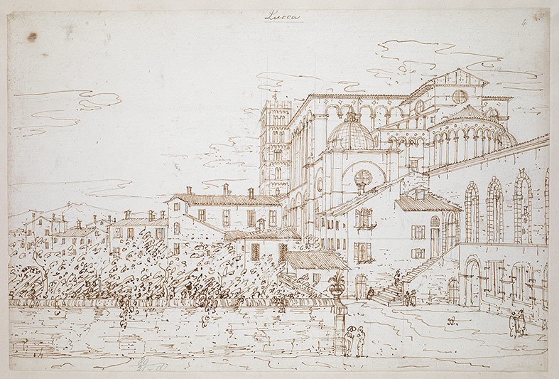 Bernardo Bellotto, La cattedrale di San Martino dalla parte absidale con il campanile, Lucca (1740; penna e inchiostro bruno su traccia di matita, 24,7 x 36,7 cm; Londra, British Library, Maps Room, K. Top. LXXX-21d)
 Bernardo Bellotto, La cattedrale di San Martino dalla parte absidale con il campanile, Lucca (1740; penna e inchiostro bruno su traccia di matita, 24,7 x 36,7 cm; Londra, British Library, Maps Room, K. Top. LXXX-21d)