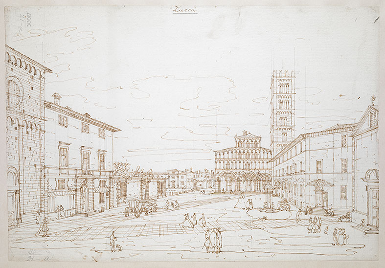 Bernardo Bellotto, Piazza San Martino con la cattedrale, Lucca (1740; penna e inchiostro bruno, 25,3 x 36,8 cm; Londra, British Library, Maps Room, K. Top. LXXX-21a)
 Bernardo Bellotto, Piazza San Martino con la cattedrale, Lucca (1740; penna e inchiostro bruno, 25,3 x 36,8 cm; Londra, British Library, Maps Room, K. Top. LXXX-21a)