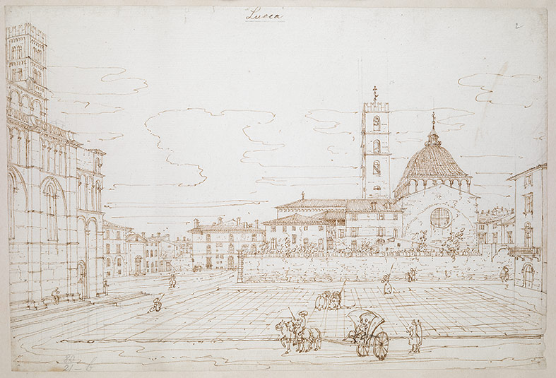 Bernardo Bellotto, San Giovanni dalla Piazza degli Antelminelli, con il fianco della cattedrale, Lucca (1740; penna e inchiostro bruno su traccia di matita, 25,2 x 37 cm; Londra, British Library, Maps Room, K. Top. LXXX-21b)
 Bernardo Bellotto, San Giovanni dalla Piazza degli Antelminelli, con il fianco della cattedrale, Lucca (1740; penna e inchiostro bruno su traccia di matita, 25,2 x 37 cm; Londra, British Library, Maps Room, K. Top. LXXX-21b)