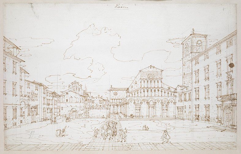Bernardo Bellotto, Santa Maria Forisportam, Lucca (1740; penna e inchiostro bruno su traccia di matita, 23,5 x 37,1 cm; Londra, British Library, Maps Room, K. Top. LXXX-21e)
 Bernardo Bellotto, Santa Maria Forisportam, Lucca (1740; penna e inchiostro bruno su traccia di matita, 23,5 x 37,1 cm; Londra, British Library, Maps Room, K. Top. LXXX-21e)