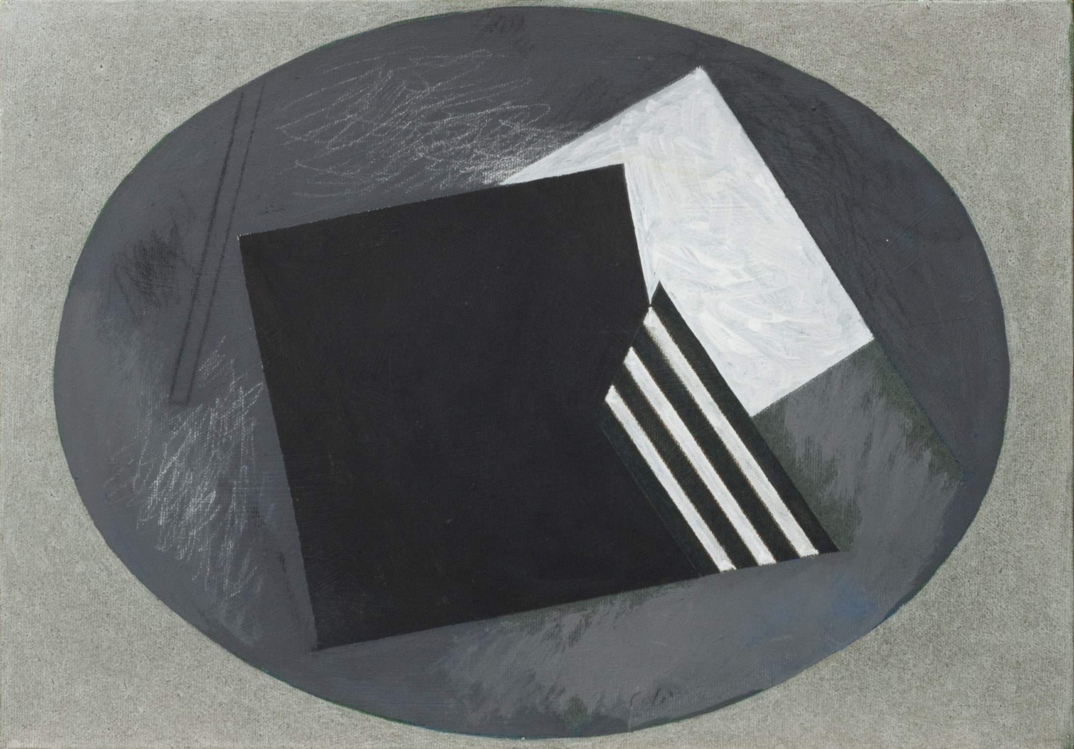 Aldo Colò, Tracce su quadrato nero (1972; tecnica mista su tela, 35 x 50 cm)
