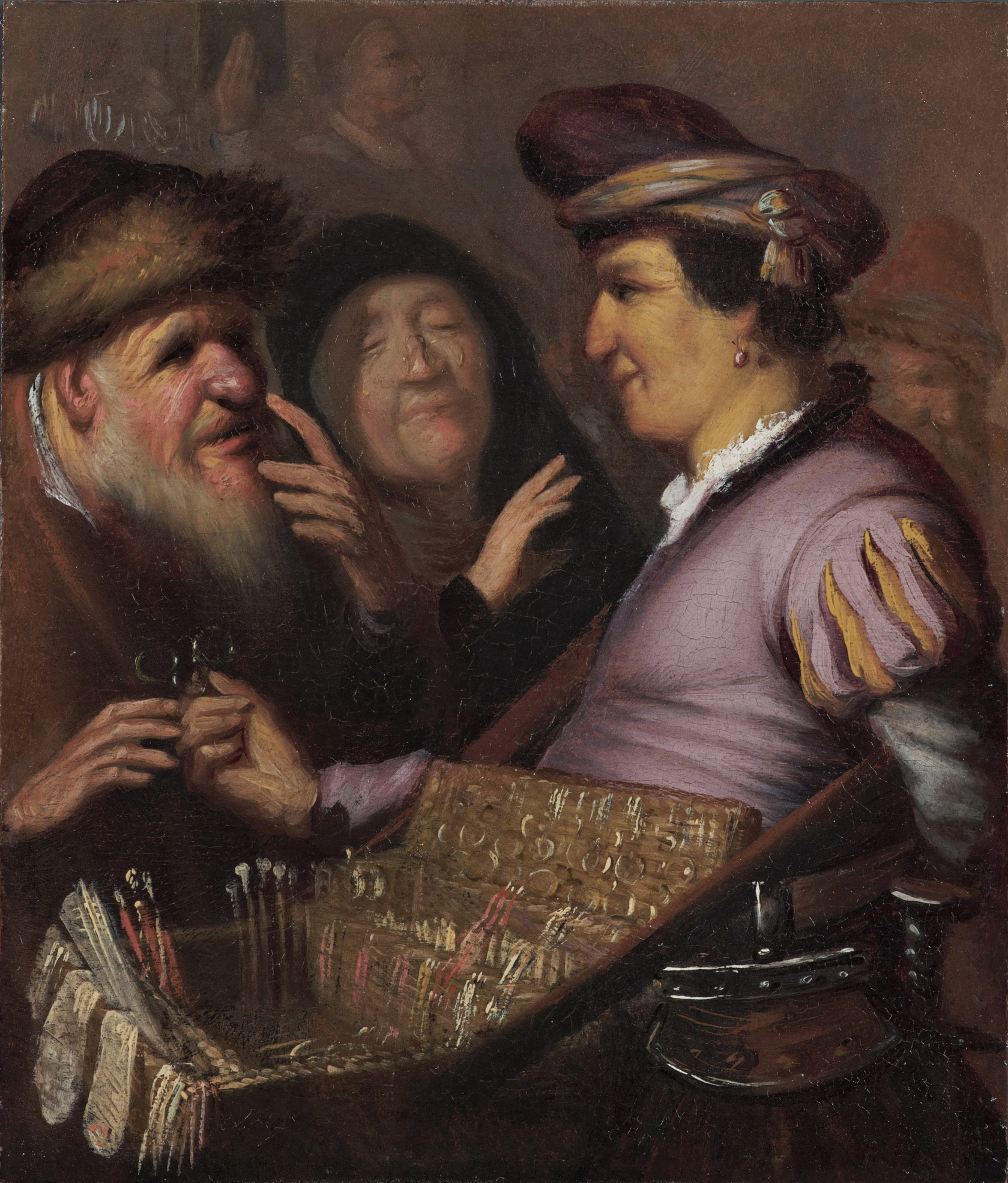 Rembrandt, Venditrice di occhiali (1624 circa; olio su tavola, 21 x 18 cm; Leiden, Museum de Lakenhal)

