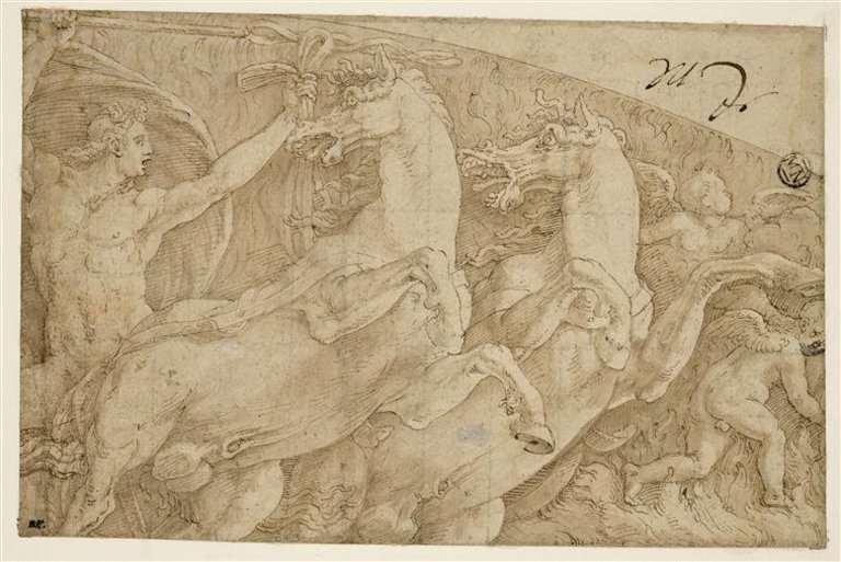 Giovanni Battista Bertani, Apollo sul carro (1560 circa; inchiostro bruno, matita nera, acquerellature a inchiostro bruno, quadrettatura a penna, 146 x 224 mm; Parigi, Musée du Louvre, Département des Arts graphiques, inv. 6047)
