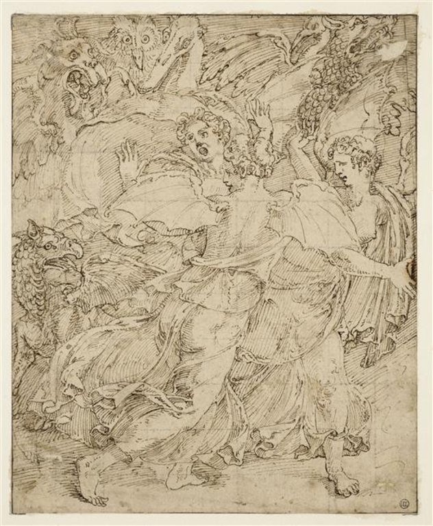 Giovanni Battista Bertani, Tre furie con ali di pipistrello e sei demoni con teste di animali (1560-1570; penna e inchiostro bruno, tracce di matita nera e quadrettatura a matita nera, 190 x 150 mm; Parigi, Musée du Louvre, Département des Arts graphiques, RF 514)
