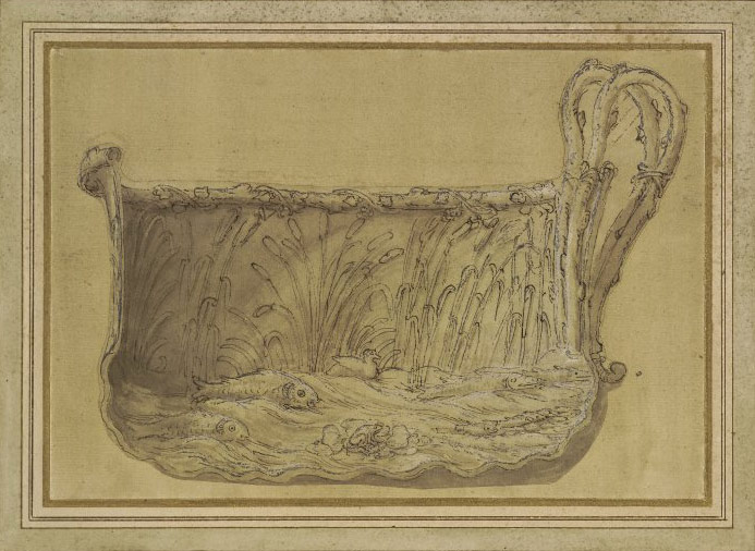 Giulio Romano, Sezione di bacile con doppio manico decorato con pesci, un'anatra e una rana in uno specchio d'acqua e canne palustri (1530-1540 circa; penna e inchiostro bruno con acquerellature grigio-brune, rialzato con biacca su carta preparata grigio-bruna, ritagliato, 106 x 236 mm; Londra, British Museum, inv. 1874,0808.67)
