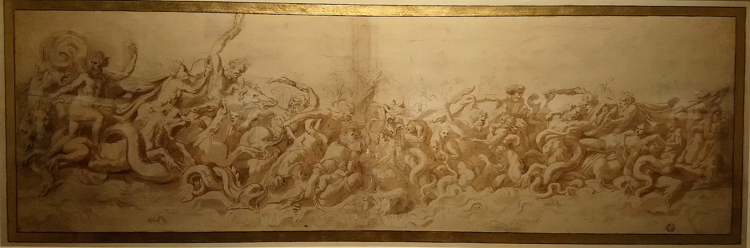 Giulio Romano, Combattimento di tritoni e mostri marini (1527-1528 circa; penna e inchiostro bruno, acquerellature brune, matita nera, 253 x 820 mm; Parigi, Musée du Louvre, Département des Arts graphiques, inv. 3517)
