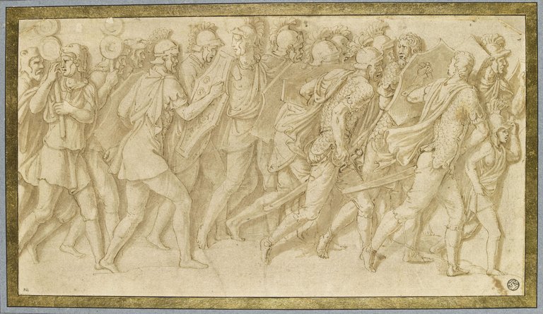 Giulio Romano, Convoglio militare con soldati del reparto di fanteria (1529-1531 circa; penna e inchiostro bruno, 236 x 431 mm; Parigi, Musée du Louvre, Département des Arts graphiques, inv. 3551)
