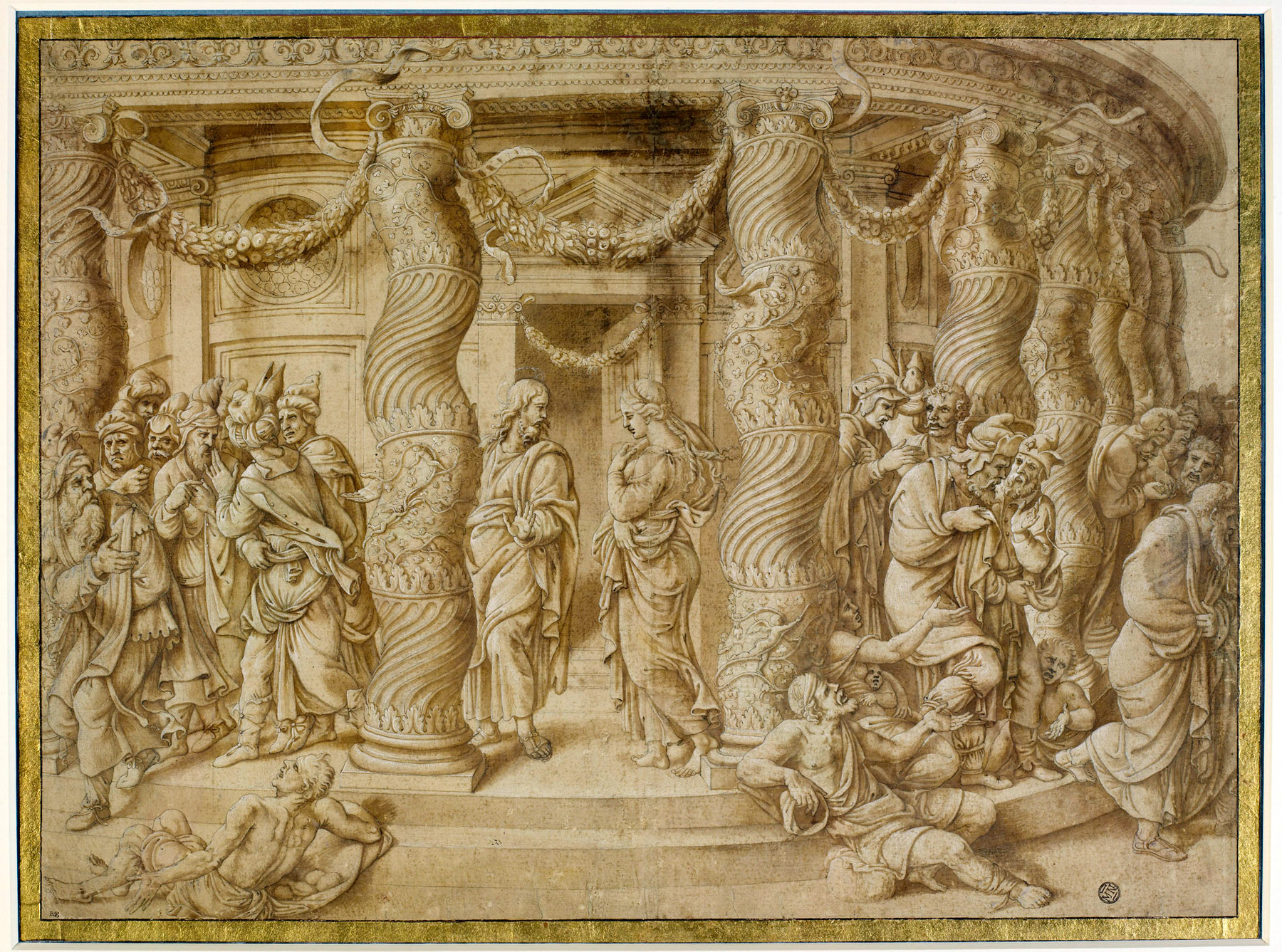 Giulio Romano, Cristo e l'adultera (1530-1540; penna e inchiostro bruno, acquerellature a inchiostro bruno, tracciato preparatorio a matita nera, lumeggiature bianche su carta preparata in beige, 410 x 563 mm; Parigi, Musée du Louvre, Département des Arts graphiques, inv. 3614)

