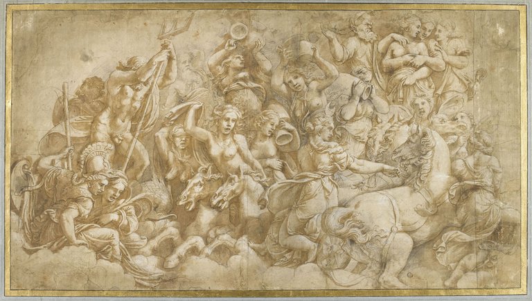 Giulio Romano, Gli dèi dell'Olimpo assistono terrorizzati alla caduta dei Giganti (1532-1534; penna e inchiostro bruno, acquerellature a inchiostro bruno, matita nera, lumeggiature bianche su tre fogli incollati insieme, 504 x 920 mm; Parigi, Musée du Louvre, Département des Arts graphiques, inv. 3476)
