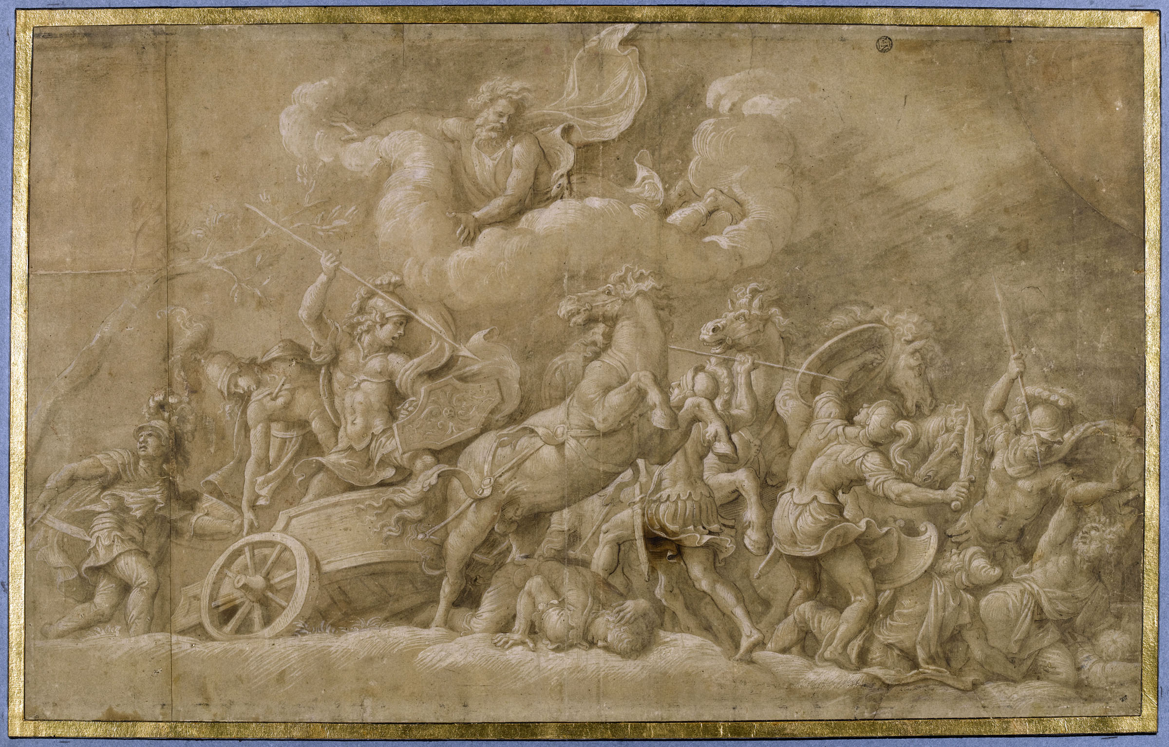 Giulio Romano, Diomede combatte contro i fratelli Ideo e Fegeo (1536-1538; penna e inchiostro bruno, acquerellature a inchiostro bruno, matita nera, lumeggiature bianche, 409 x 657 mm; Parigi, Musée du Louvre, Département des Arts graphiques, inv. 3529)
