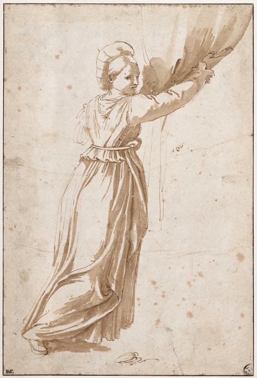 Giulio Romano, Donna in piedi che solleva un tendaggio (1524 o 1531 circa; penna e inchiostro bruno, acquerellature brune su carta vergata, 233 x 158 mm; Parigi, Musée du Louvre, Département des Arts graphiques, inv. 3568)
