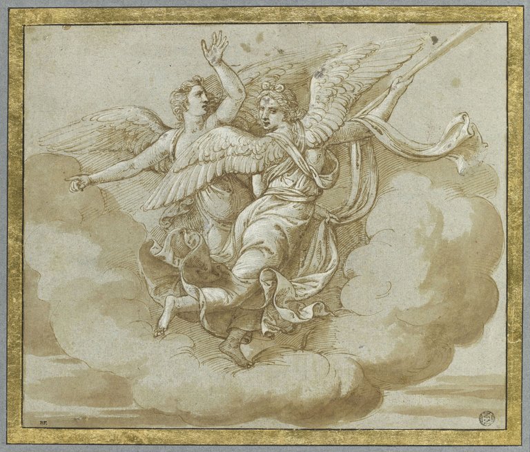 Giulio Romano, Allegoria della Fama (1536-1538; penna e inchiostro bruno, acquerellature a inchiostro bruno, lumeggiature bianche su carta cerulea, 254 x 304 mm; Parigi, Musée du Louvre, Département des Arts graphiques, inv. 3499)
