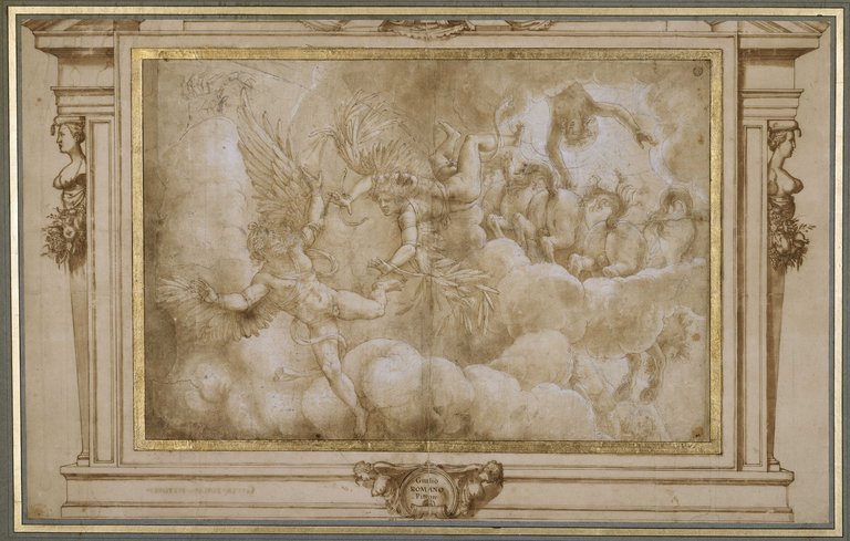 Giulio Romano, La caduta di Icaro (1536; penna e inchiostro bruno, acquerellature a inchiostro bruno, matita nera, lumeggiature di gouache bianca applicate a pennello, tracce di quadrettatura a matita nera, 389 x 577 mm; Parigi, Musée du Louvre, Département des Arts graphiques, inv. 3499)
