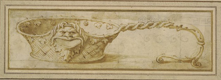 Giulio Romano, Mestolo a forma di cestino (1530-1540 circa; penna e inchiostro bruno con acquerellature brune, 70 x 246 mm; Londra, British Museum, inv. 1874,0808.72)
