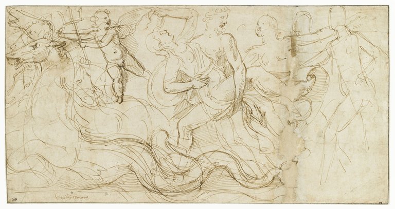 Giulio Romano, Nettuno rapisce Anfitrite (1527-1528; penna e inchiostro bruno, 213 x 412 mm; Parigi, Musée du Louvre, Département des Arts graphiques, inv. 3496)
